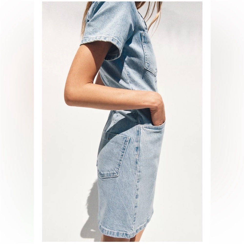 Zara Light Wash Denim Dress XL NWT | Button Front Utility Mini Dress - Picture 8 of 14